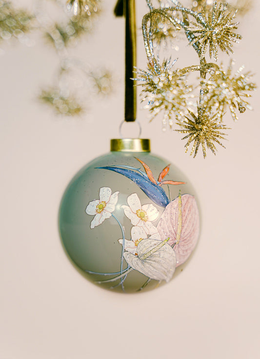 Luxury Floral Glass Bauble - Sage Green