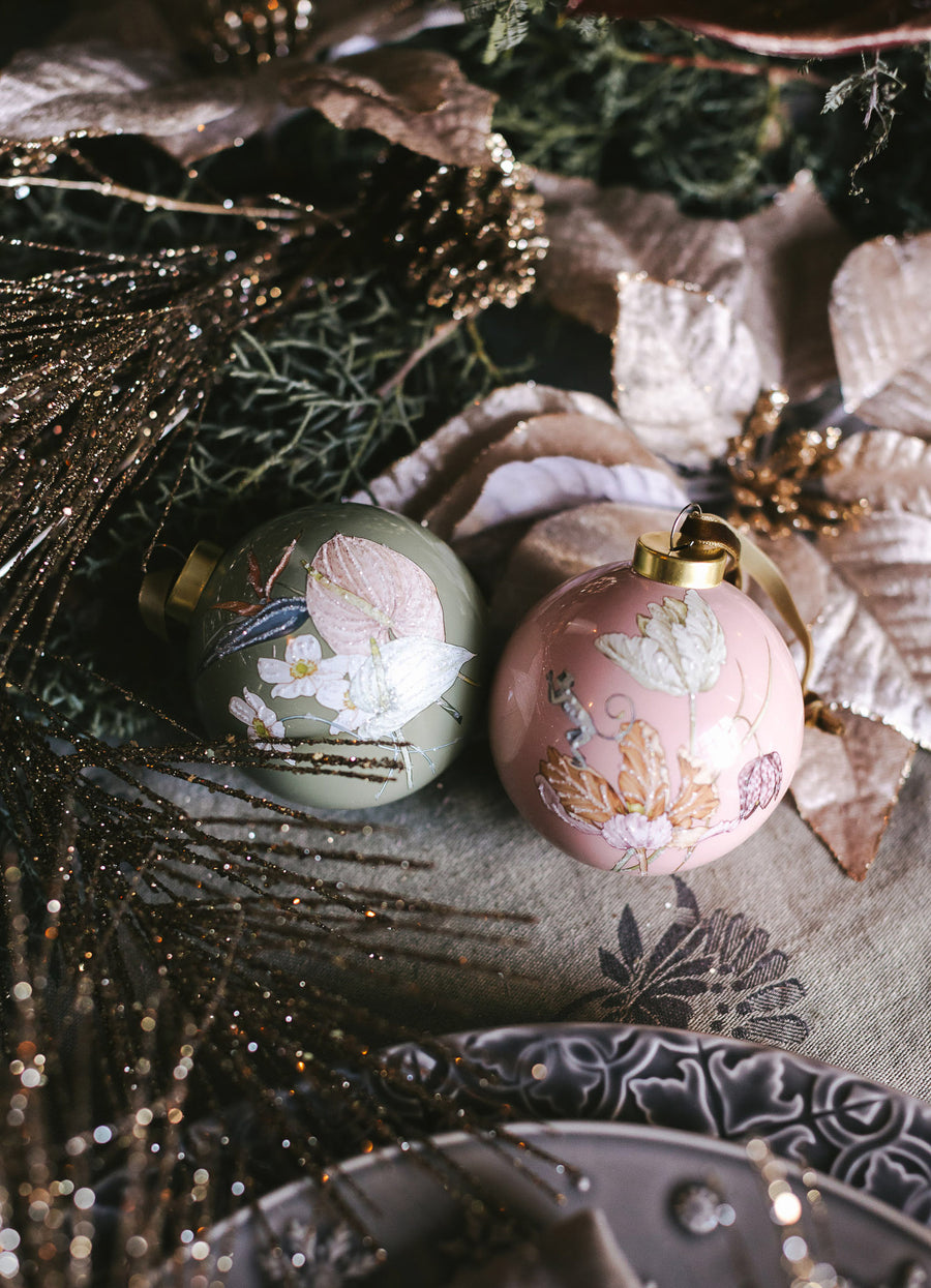 Luxury Floral Glass Bauble - Dusty Pink