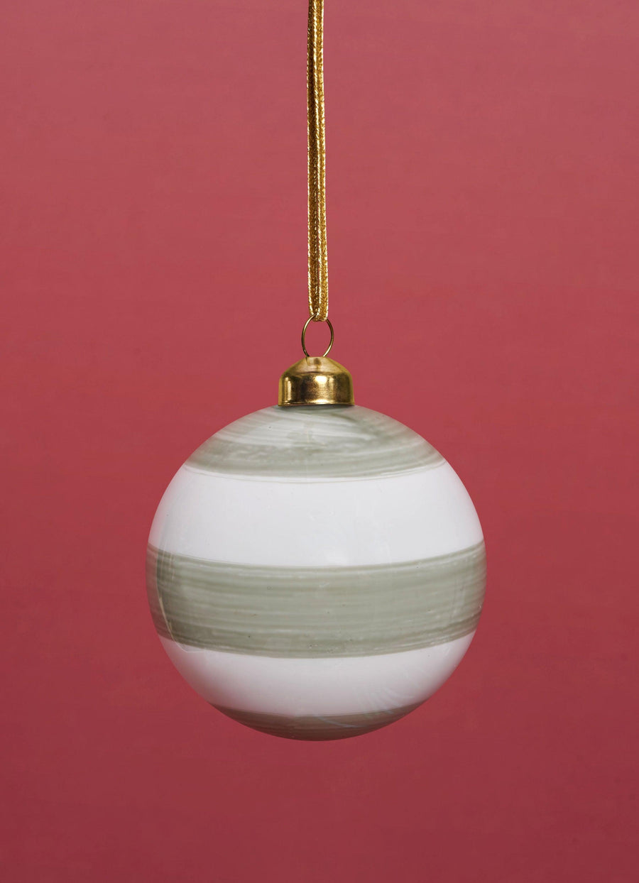 Glass Bauble - Sage Green Stripe 8cm - Ellermann Flowers  Christmas Shop  Ellermann Christmas 